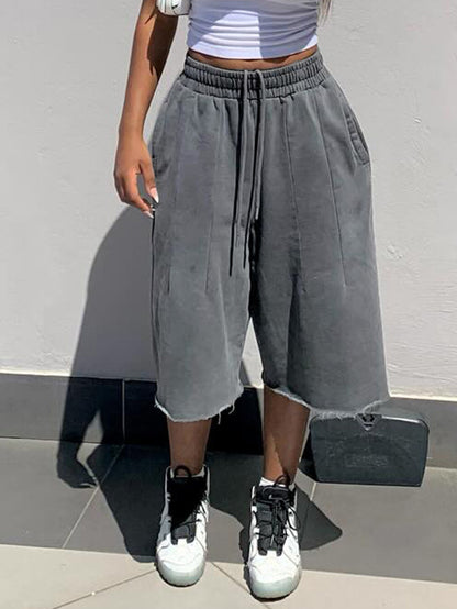 S391515 Cross-Border Women's Washed Gray Loose Wide-Leg Pants Casual Elastic Drawstring Waist Frayed Hem Cropped Pants
