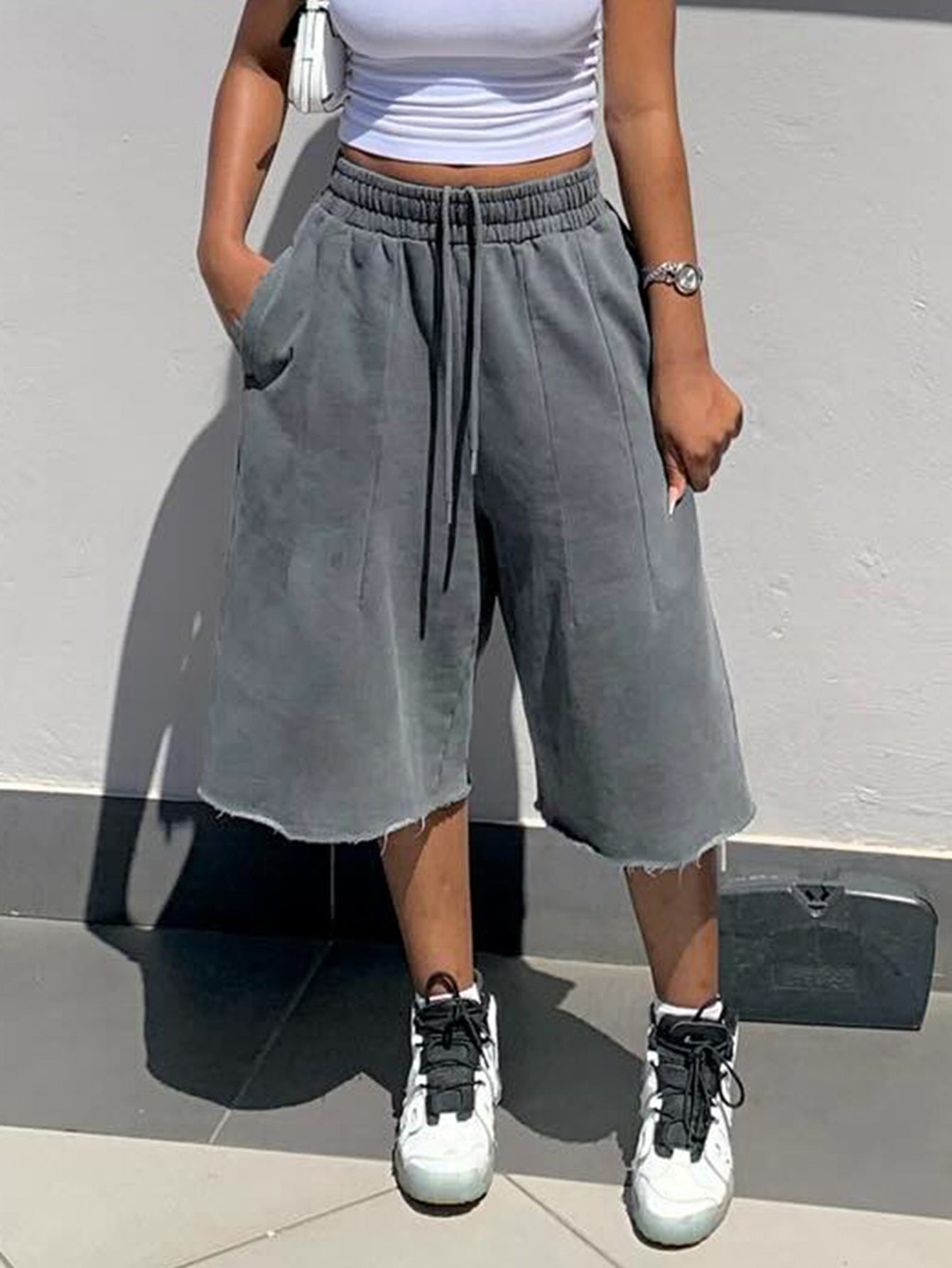 S391515 Cross-Border Women's Washed Gray Loose Wide-Leg Pants Casual Elastic Drawstring Waist Frayed Hem Cropped Pants