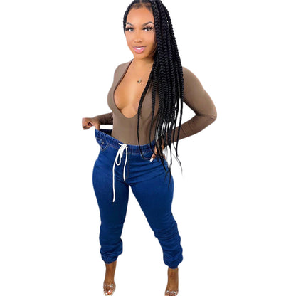 S390325 Cross-Border Wholesale Women's Clothing European and American Fashion Casual Elastic High Waist Drawstring Strap Jeans