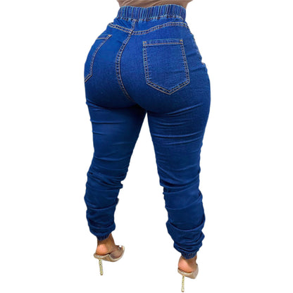 S390325 Cross-Border Wholesale Women's Clothing European and American Fashion Casual Elastic High Waist Drawstring Strap Jeans
