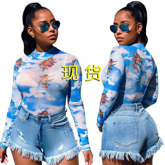 S3760 Cross-Border Wholesale European and American Tassel Ripped Brushed Denim Shorts Women's Pants Straight Hot Pants