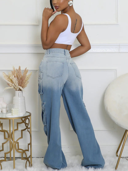 S391357 Cross-Border Women's Clothing Supply Spring and Summer New Women's Fashion Casual Multi-Pocket Gradient Denim Wide-Leg Pants