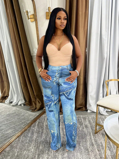 S391343 Cross-Border European and American Women's High-Waisted Imitation Denim Printed Pants, Fashionable and Versatile Casual Straight Pants