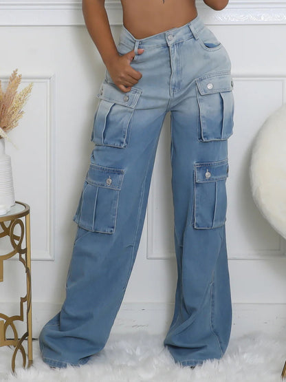 S391357 Cross-Border Women's Clothing Supply Spring and Summer New Women's Fashion Casual Multi-Pocket Gradient Denim Wide-Leg Pants