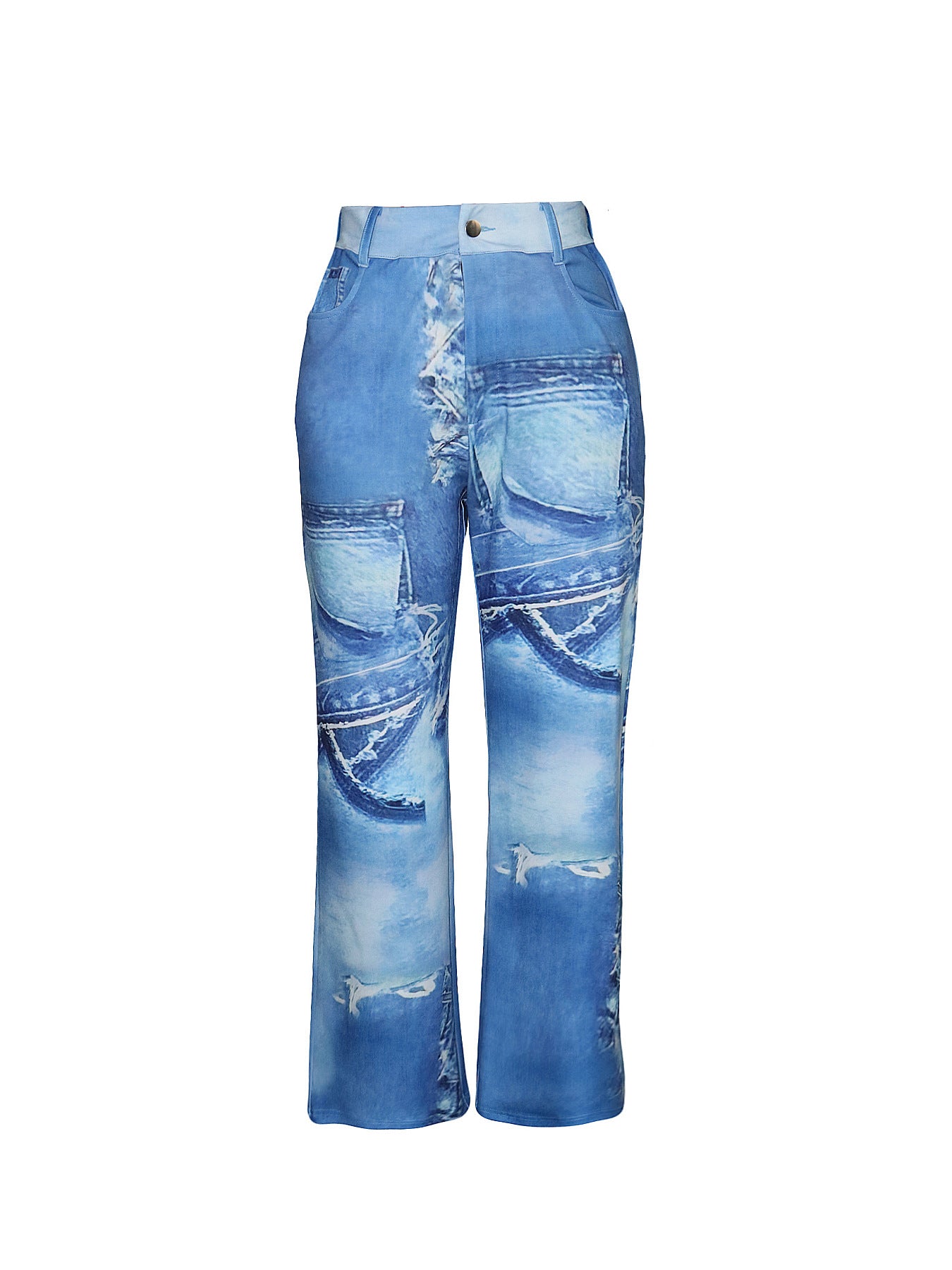 S391343 Cross-Border European and American Women's High-Waisted Imitation Denim Printed Pants, Fashionable and Versatile Casual Straight Pants