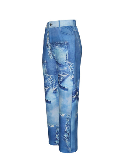 S391343 Cross-Border European and American Women's High-Waisted Imitation Denim Printed Pants, Fashionable and Versatile Casual Straight Pants