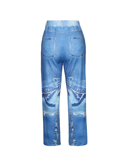 S391343 Cross-Border European and American Women's High-Waisted Imitation Denim Printed Pants, Fashionable and Versatile Casual Straight Pants
