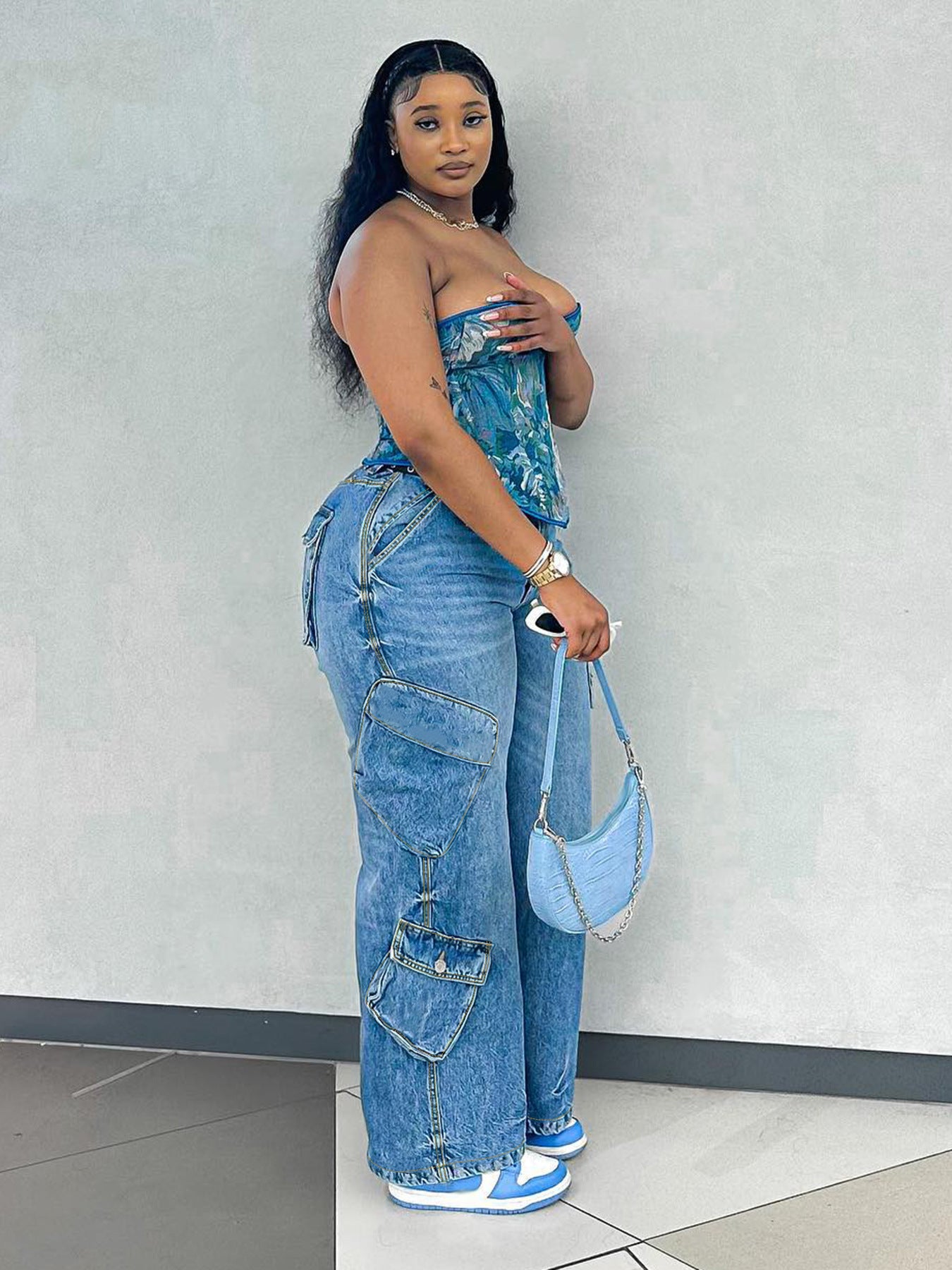 S391396 Foreign Trade European and American New Fashion Women's Casual Fashion Loose Light Blue Multi-Flap Pocket Pants Versatile Jeans