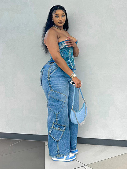 S391396 Foreign Trade European and American New Fashion Women's Casual Fashion Loose Light Blue Multi-Flap Pocket Pants Versatile Jeans