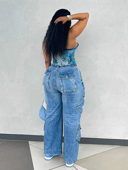 S391396 Foreign Trade European and American New Fashion Women's Casual Fashion Loose Light Blue Multi-Flap Pocket Pants Versatile Jeans