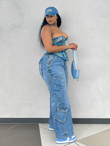 S391396 Foreign Trade European and American New Fashion Women's Casual Fashion Loose Light Blue Multi-Flap Pocket Pants Versatile Jeans