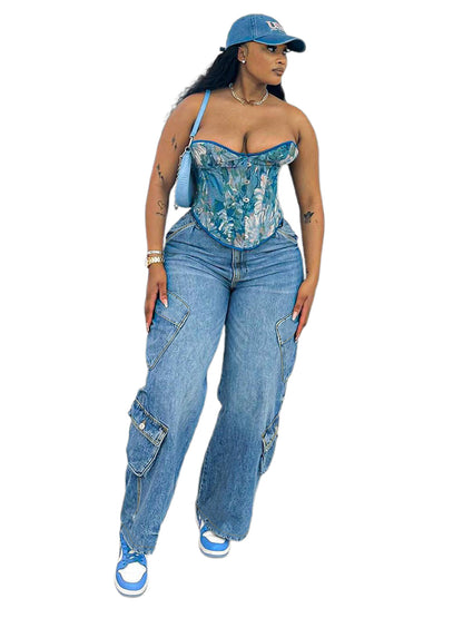 S391396 Foreign Trade European and American New Fashion Women's Casual Fashion Loose Light Blue Multi-Flap Pocket Pants Versatile Jeans