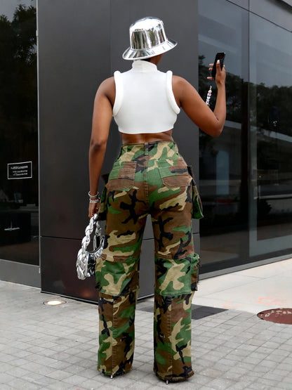 S391446 Cross-Border Women's Clothing Wholesale Street Trendy Cool Multi-Pocket Camouflage Cargo Pants Women's Straight Loose Casual Pants