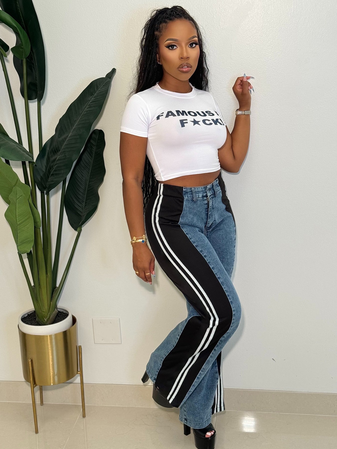 S391244 Cross-Border European and American Fashion Patchwork Stripesd Wide-Leg Denim Pants for Women Casual High-Waisted Straight Pants