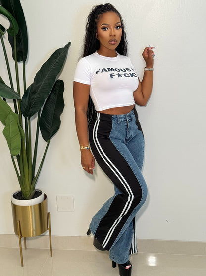 S391244 Cross-Border European and American Fashion Patchwork Stripesd Wide-Leg Denim Pants for Women Casual High-Waisted Straight Pants