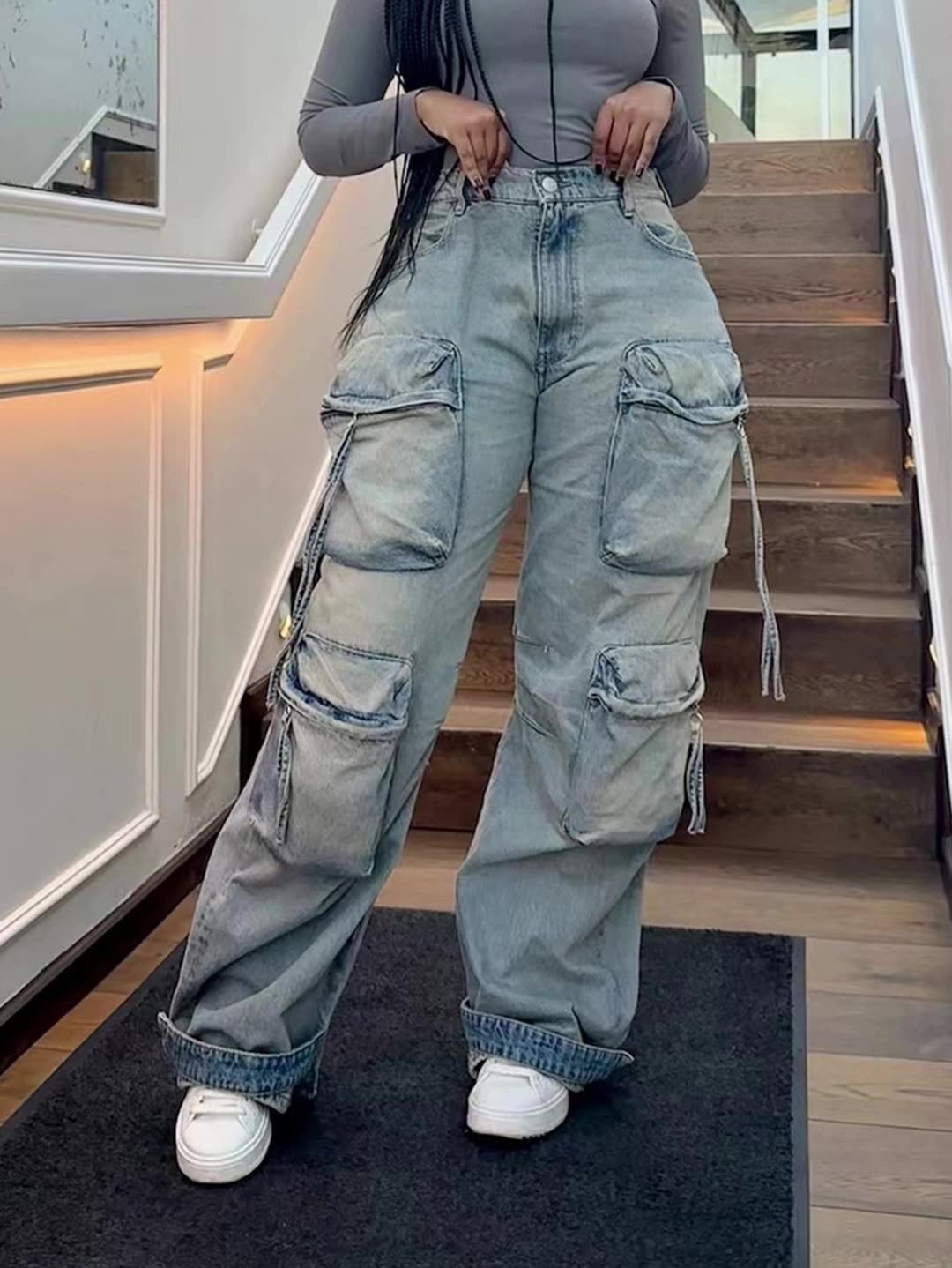 S391298 Cross-Border European and American Fashion Denim Pants Women's Casual Straight Pants