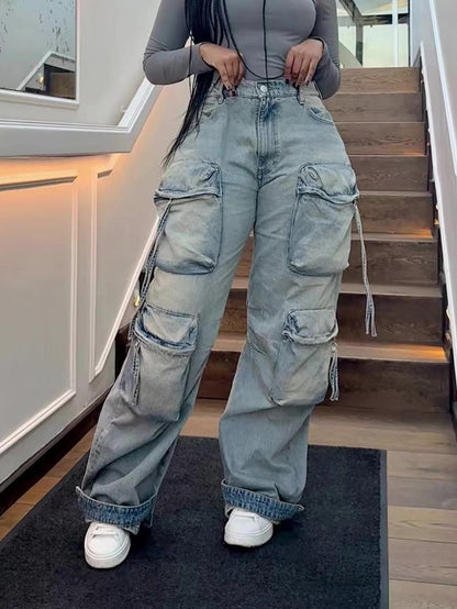 S391298 Cross-Border European and American Fashion Denim Pants Women's Casual Straight Pants
