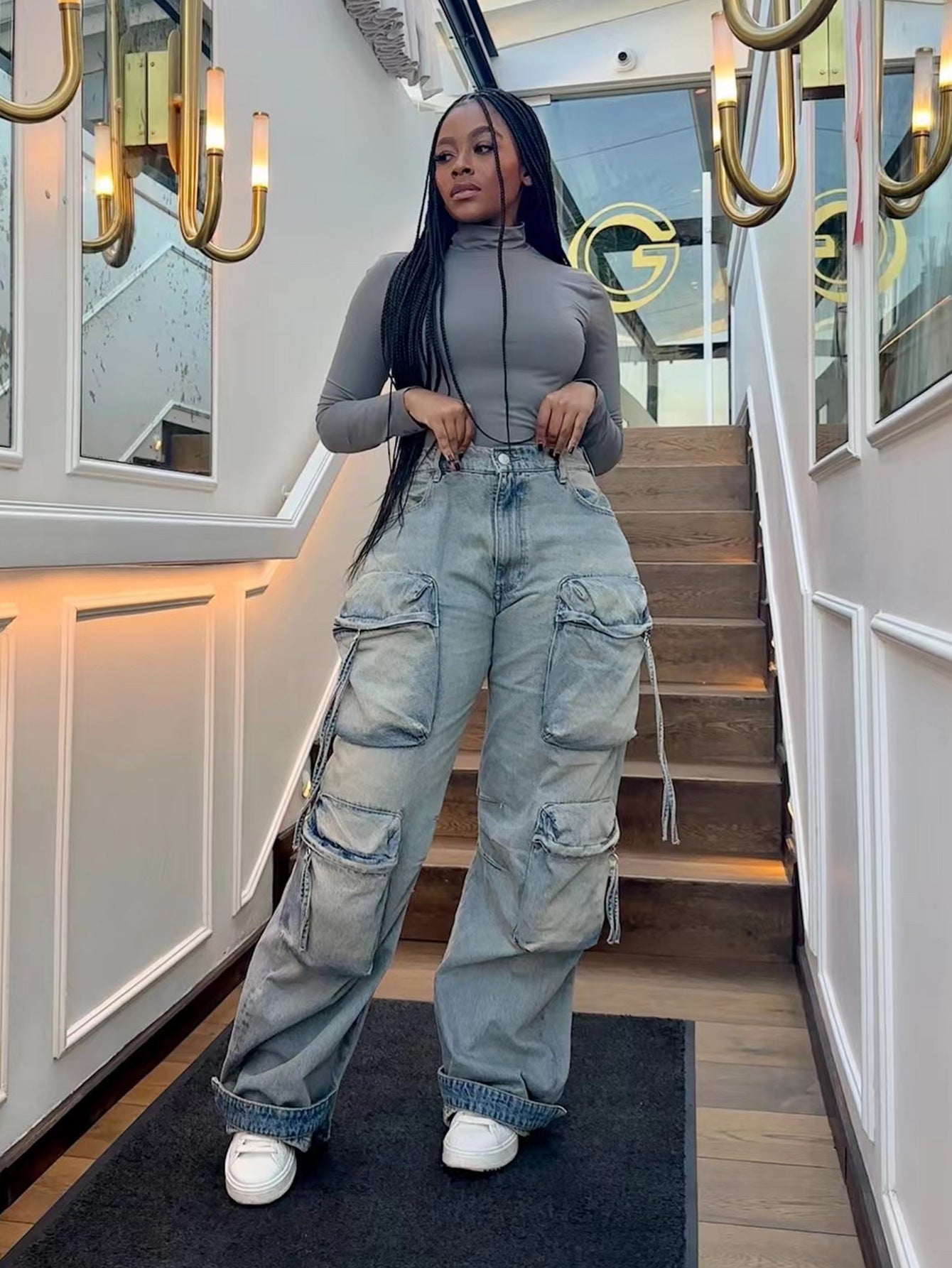 S391298 Cross-Border European and American Fashion Denim Pants Women's Casual Straight Pants