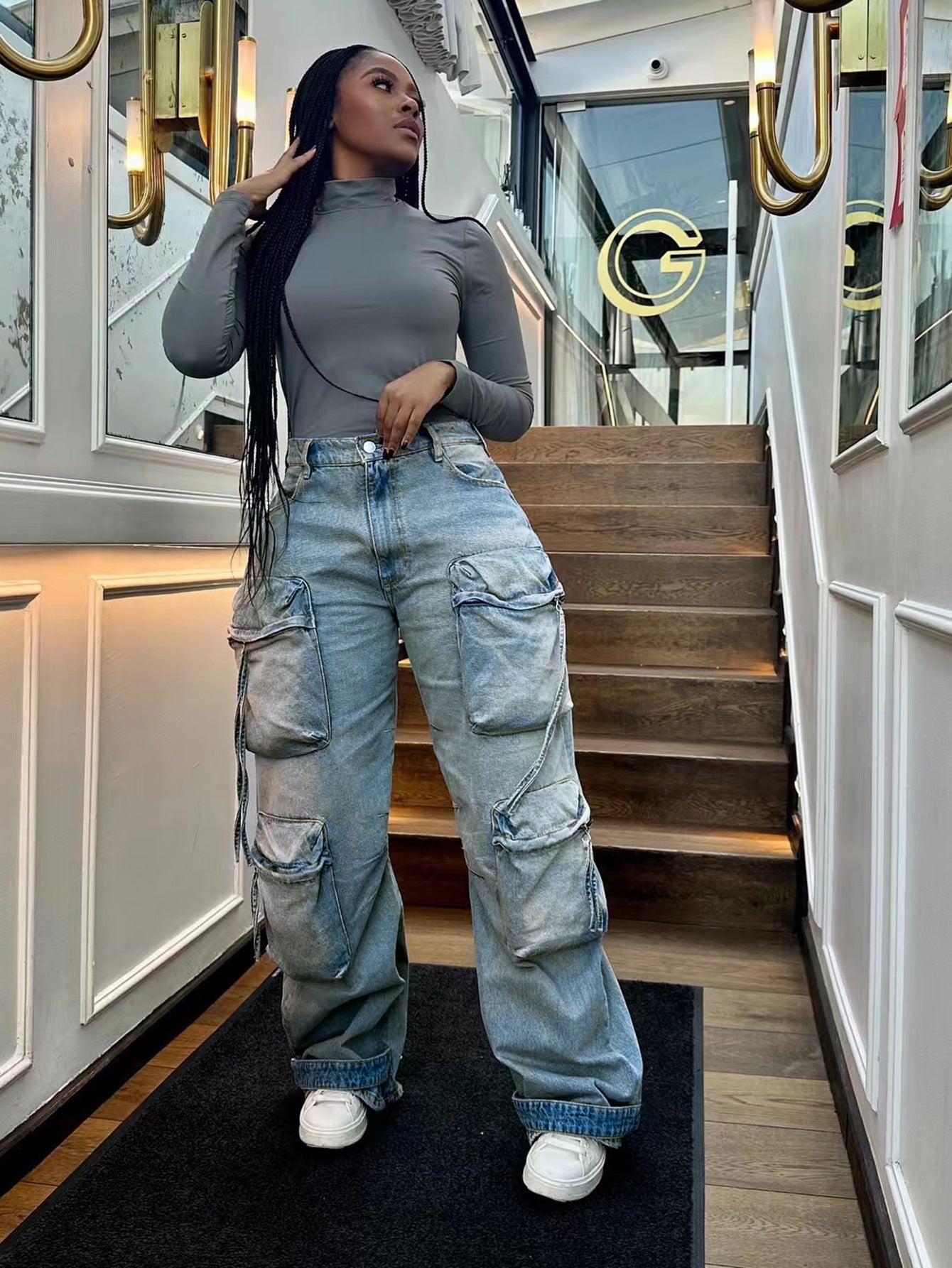 S391298 Cross-Border European and American Fashion Denim Pants Women's Casual Straight Pants