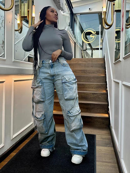 S391298 Cross-Border European and American Fashion Denim Pants Women's Casual Straight Pants