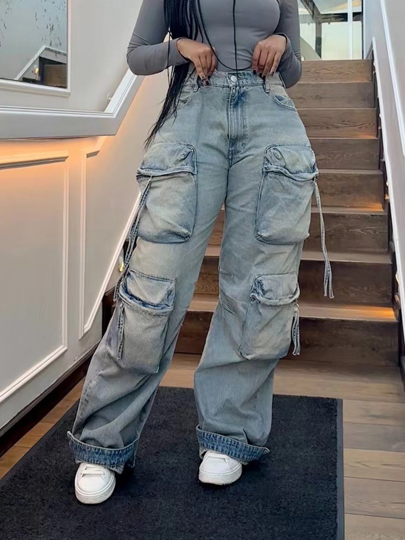 S391298 Cross-Border European and American Fashion Denim Pants Women's Casual Straight Pants