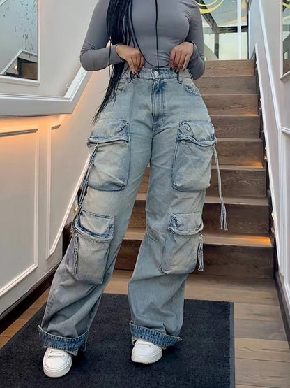 S391298 Cross-Border European and American Fashion Denim Pants Women's Casual Straight Pants