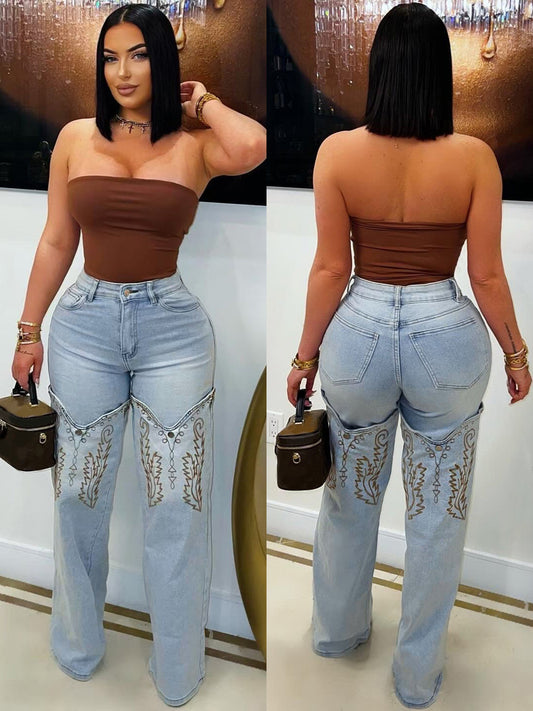 S391349 Cross-Border Women's Clothing Wholesale Fashion Classic Embroidered Retro Literary Blue High-Waisted Wide-Leg Denim Pants