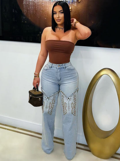 S391349 Cross-Border Women's Clothing Wholesale Fashion Classic Embroidered Retro Literary Blue High-Waisted Wide-Leg Denim Pants