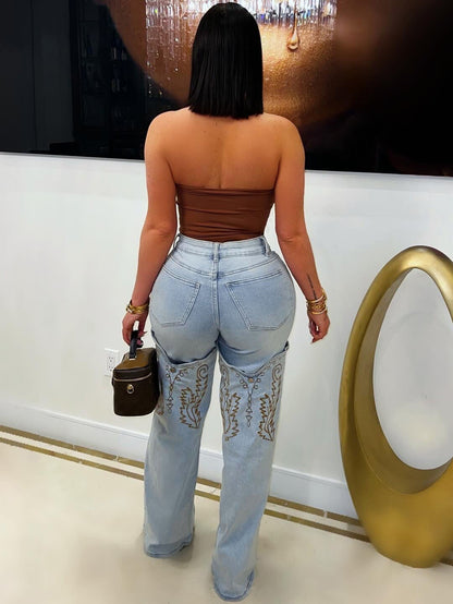 S391349 Cross-Border Women's Clothing Wholesale Fashion Classic Embroidered Retro Literary Blue High-Waisted Wide-Leg Denim Pants