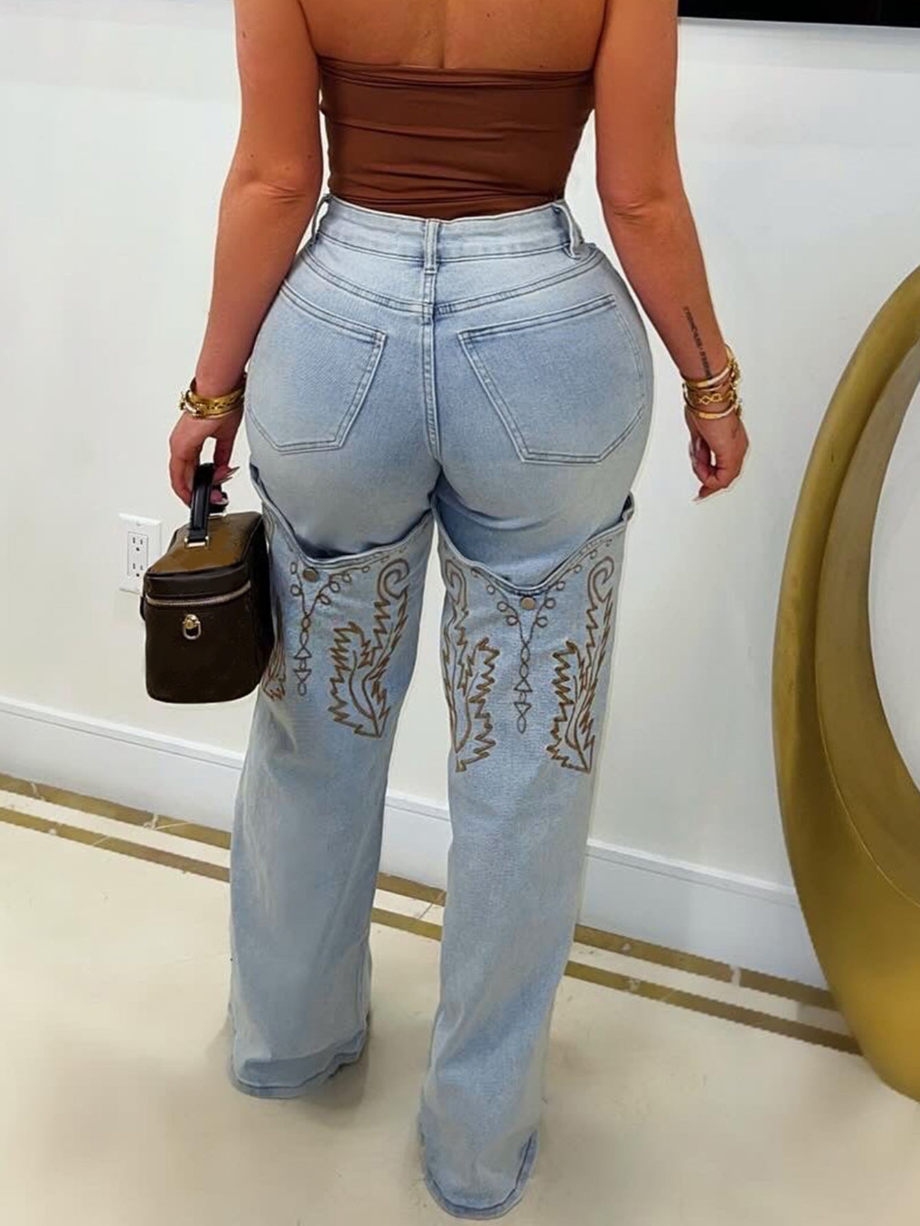 S391349 Cross-Border Women's Clothing Wholesale Fashion Classic Embroidered Retro Literary Blue High-Waisted Wide-Leg Denim Pants