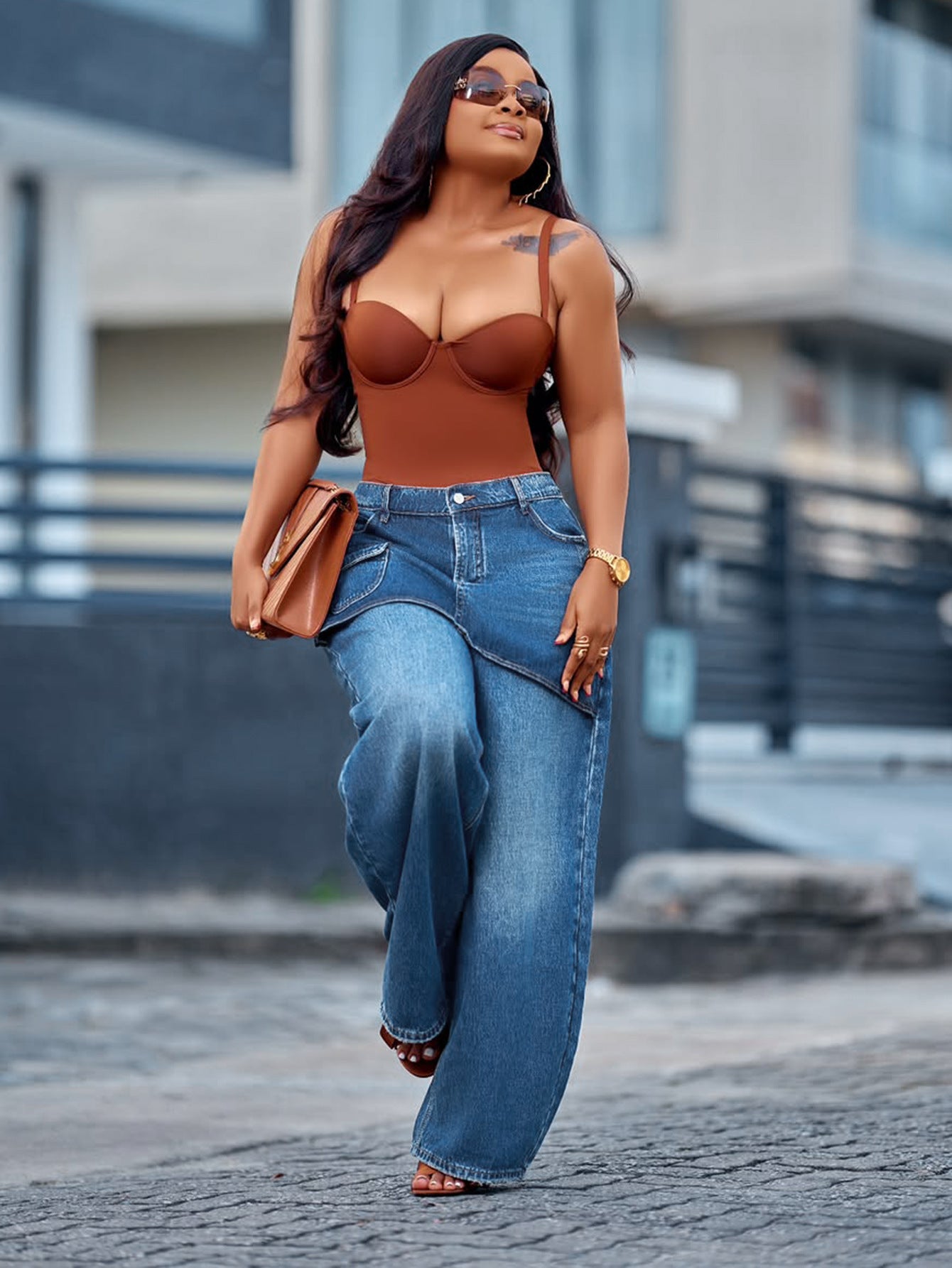 S391550 Cross-Border Women's Clothing American Retro Fake Two-Piece Wide-Leg Jeans Women's High Waist Slimming Meat-Covering Culottes