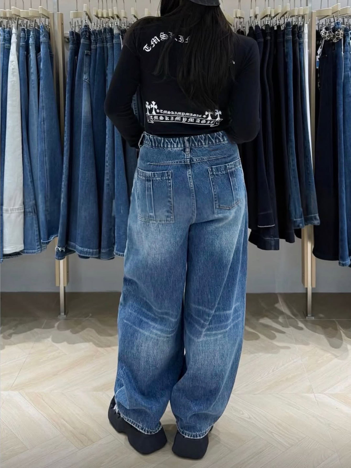 S391550 Cross-Border Women's Clothing American Retro Fake Two-Piece Wide-Leg Jeans Women's High Waist Slimming Meat-Covering Culottes