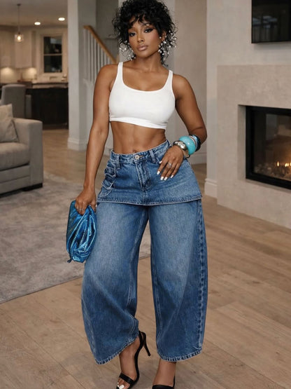 S391550 Cross-Border Women's Clothing American Retro Fake Two-Piece Wide-Leg Jeans Women's High Waist Slimming Meat-Covering Culottes