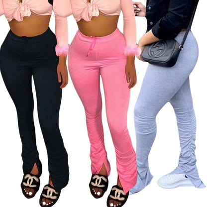 S3761 Cross-Border Hot Selling European and American Casual Pure Color Elastic Waist Fashion Pleated Pile Slit Pants