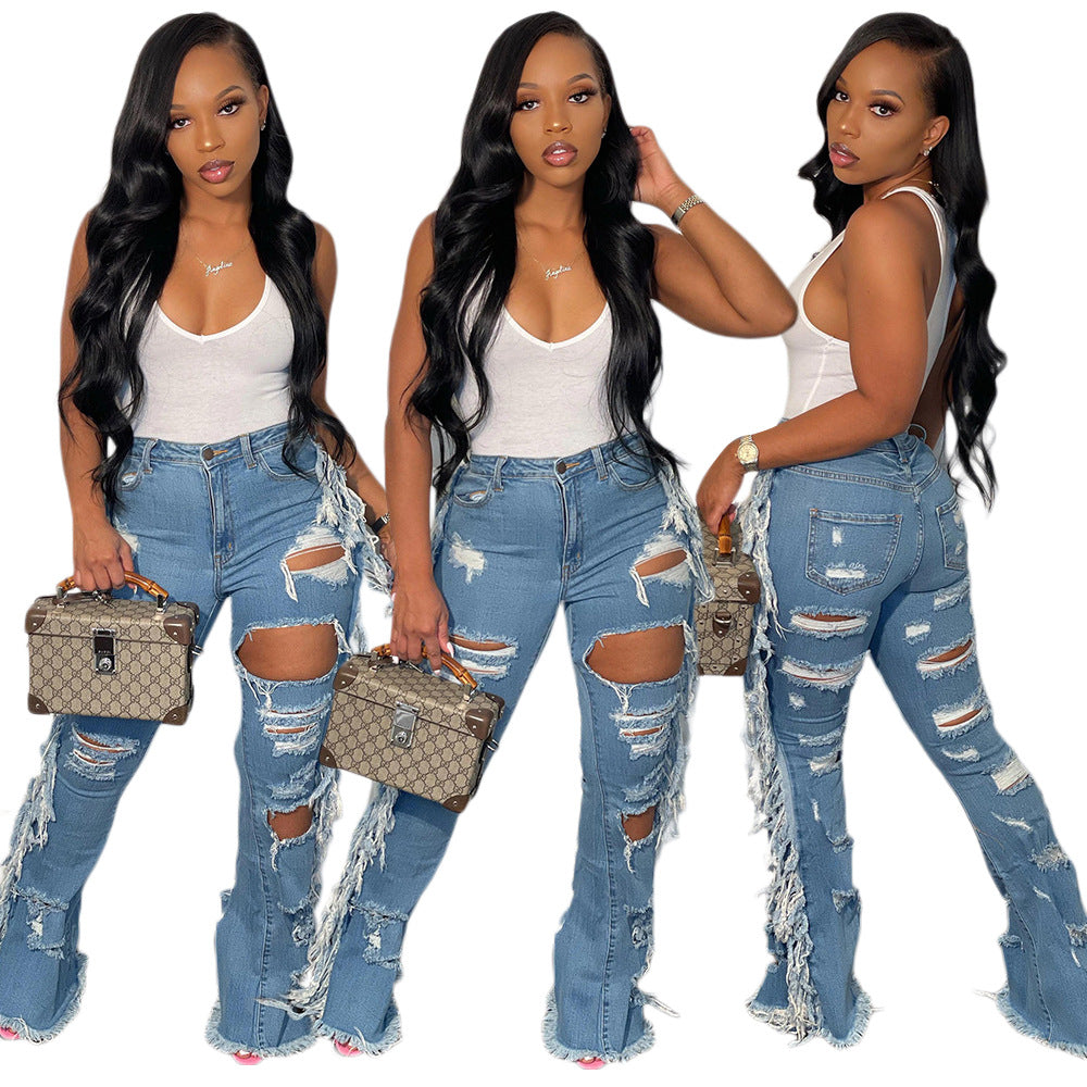S390313 Cross-Border European and American Casual Ripped Tassel Jeans Fashionable Stylish Street Trendy Denim Pants