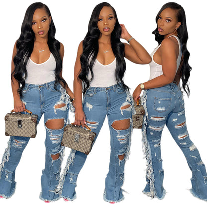 S390313 Cross-Border European and American Casual Ripped Tassel Jeans Fashionable Stylish Street Trendy Denim Pants