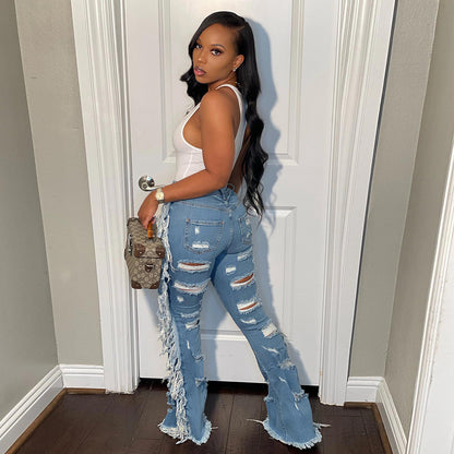 S390313 Cross-Border European and American Casual Ripped Tassel Jeans Fashionable Stylish Street Trendy Denim Pants