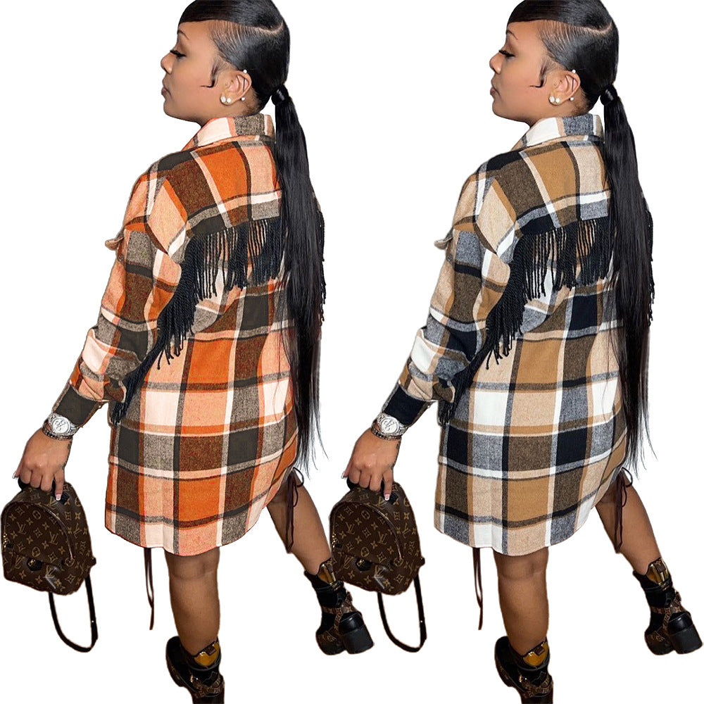 S390235 Cross-Border Wholesale Mid-Length Casual Fashion Classic Plaid Single-Breasted Tassel Woolen Coat for Women