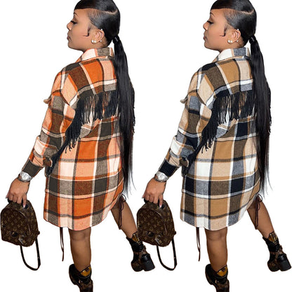 S390235 Cross-Border Wholesale Mid-Length Casual Fashion Classic Plaid Single-Breasted Tassel Woolen Coat for Women