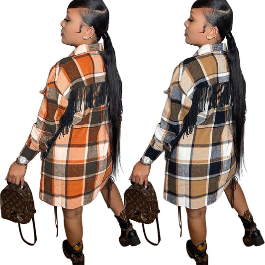 S390235 Cross-Border Wholesale Mid-Length Casual Fashion Classic Plaid Single-Breasted Tassel Woolen Coat for Women