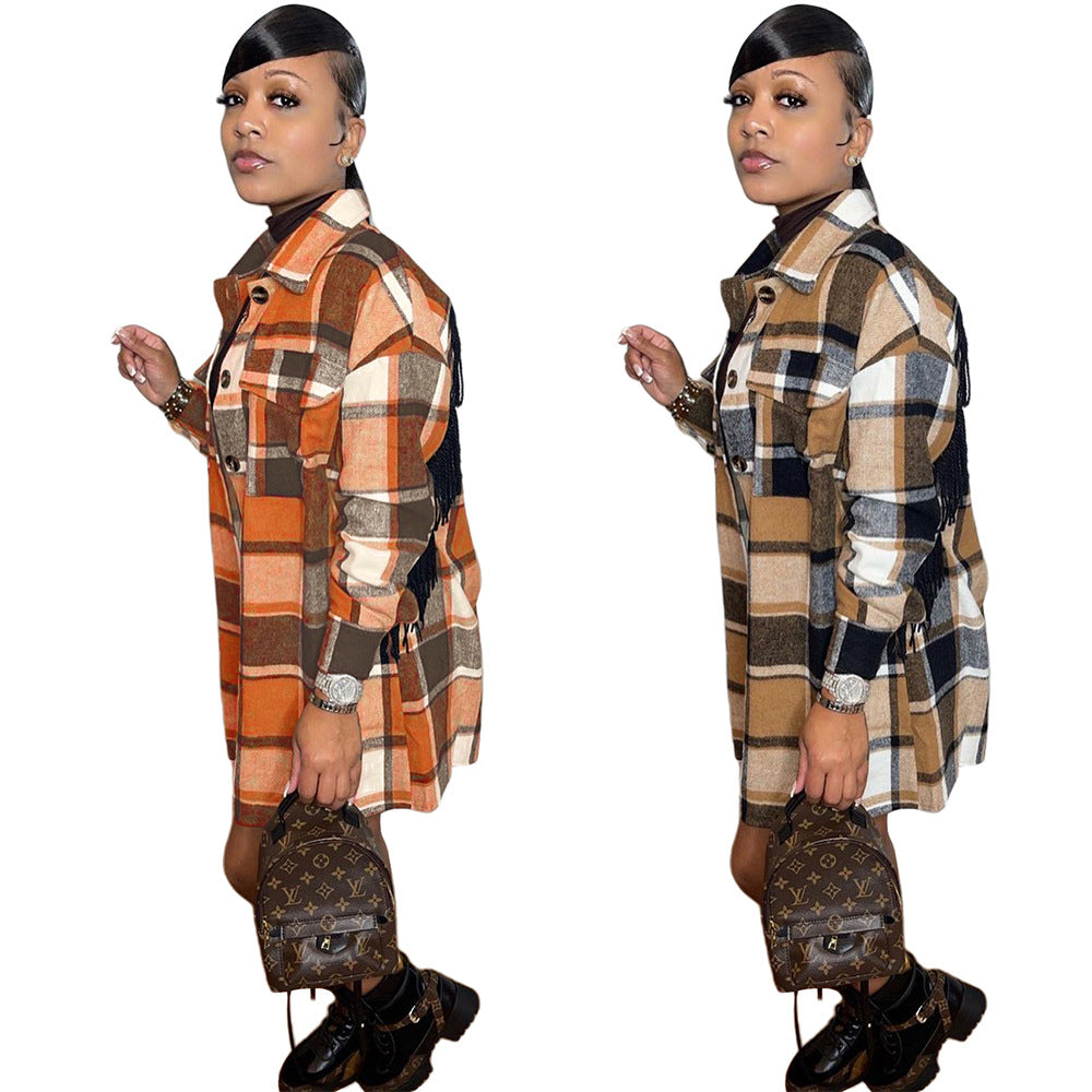 S390235 Cross-Border Wholesale Mid-Length Casual Fashion Classic Plaid Single-Breasted Tassel Woolen Coat for Women