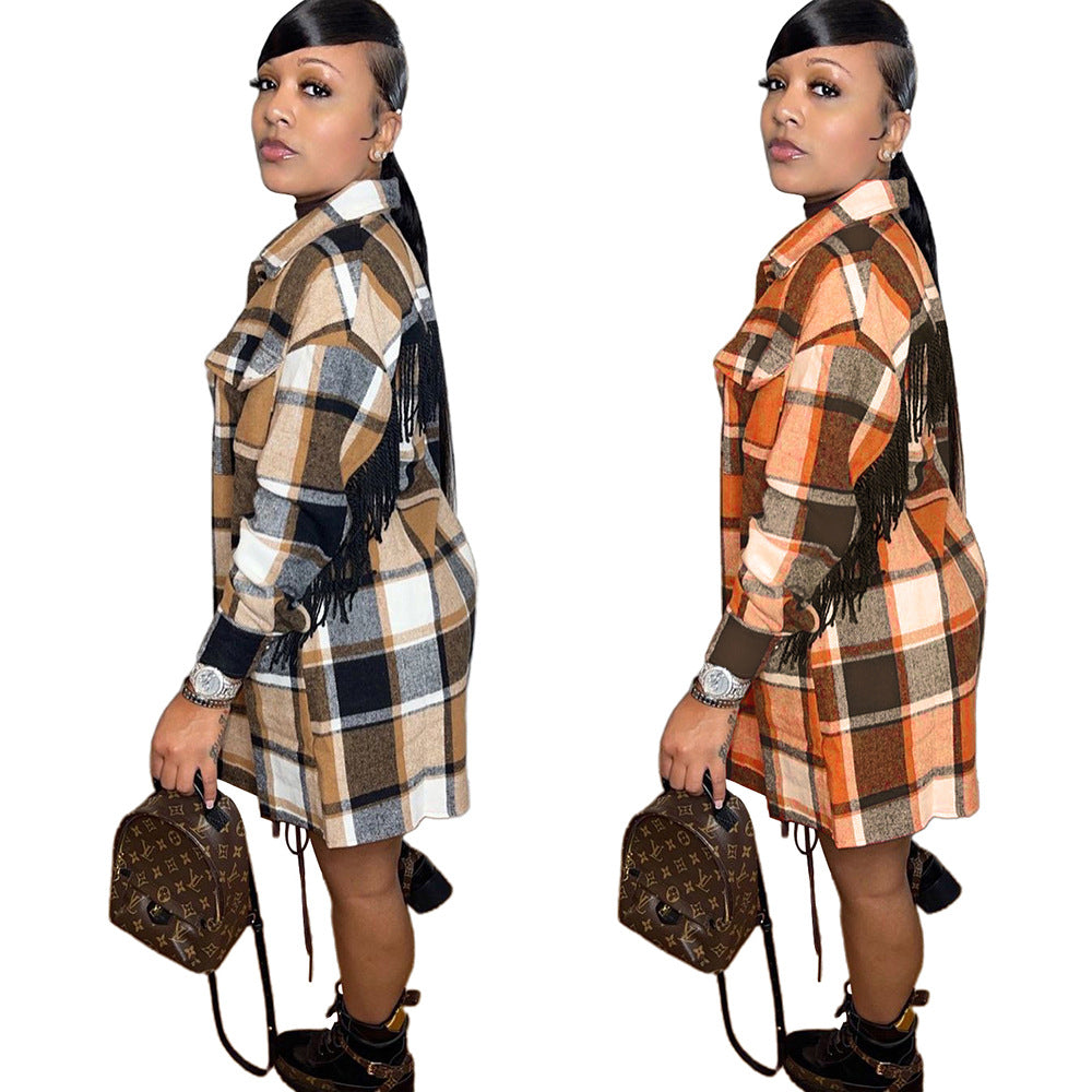 S390235 Cross-Border Wholesale Mid-Length Casual Fashion Classic Plaid Single-Breasted Tassel Woolen Coat for Women