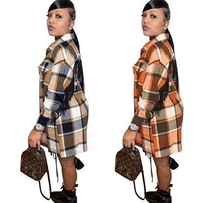S390235 Cross-Border Wholesale Mid-Length Casual Fashion Classic Plaid Single-Breasted Tassel Woolen Coat for Women