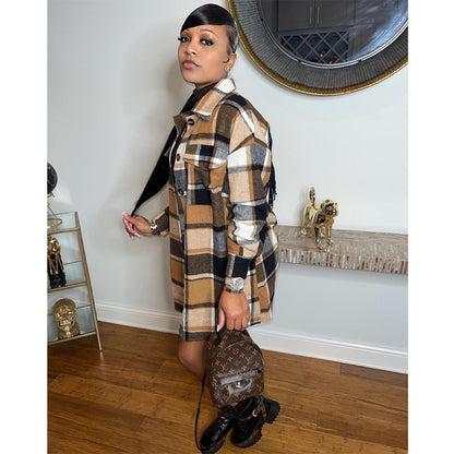S390235 Cross-Border Wholesale Mid-Length Casual Fashion Classic Plaid Single-Breasted Tassel Woolen Coat for Women