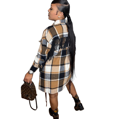 S390235 Cross-Border Wholesale Mid-Length Casual Fashion Classic Plaid Single-Breasted Tassel Woolen Coat for Women
