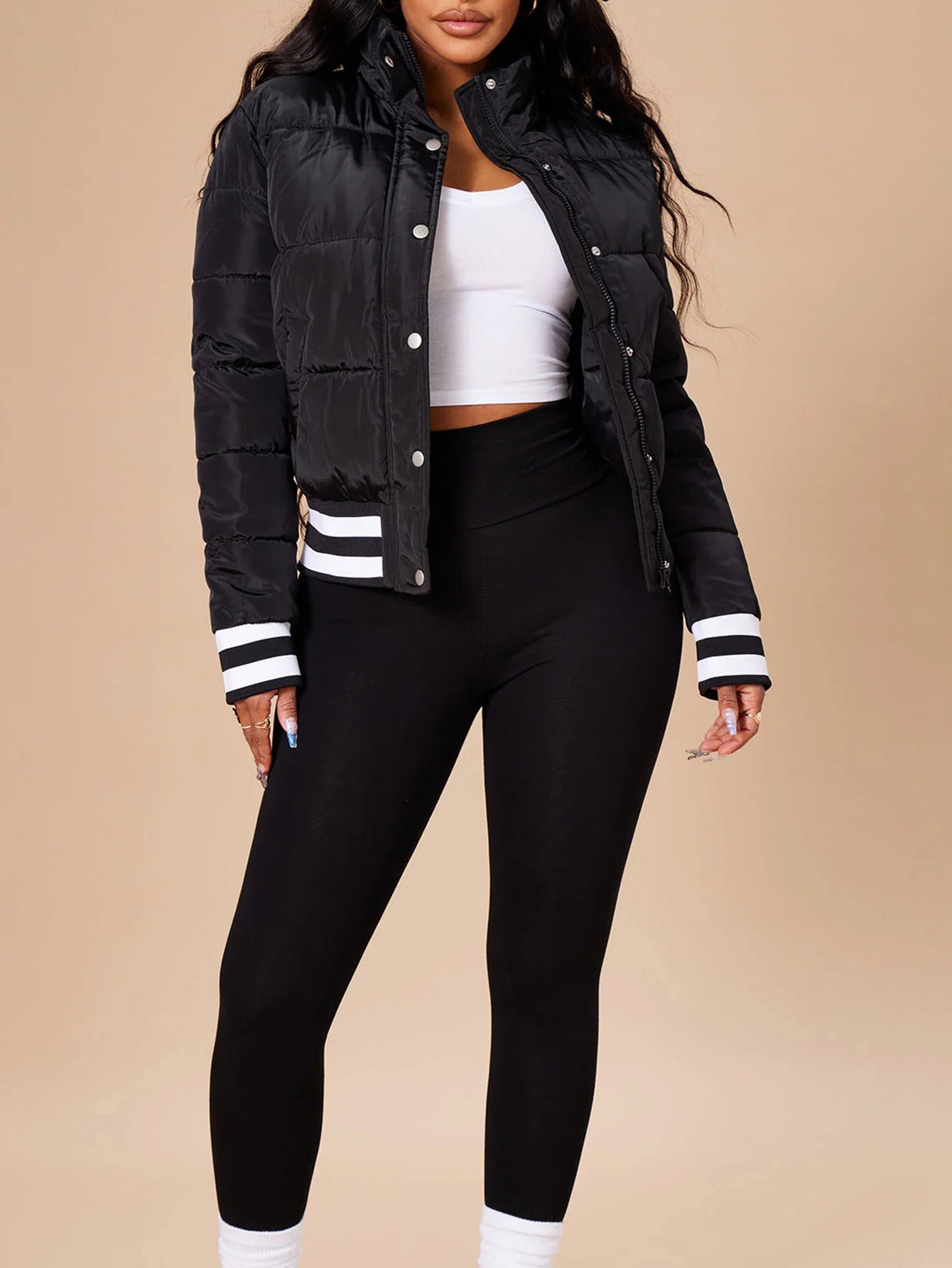 S391426 Autumn and Winter Popular Women's Warm Cotton Clothing European and American Women's Threaded Stripesd Hidden Button Cotton Jacket Jacket