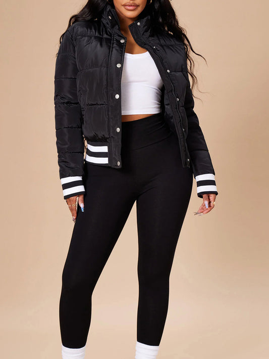 S391426 Autumn and Winter Popular Women's Warm Cotton Clothing European and American Women's Threaded Stripesd Hidden Button Cotton Jacket Jacket