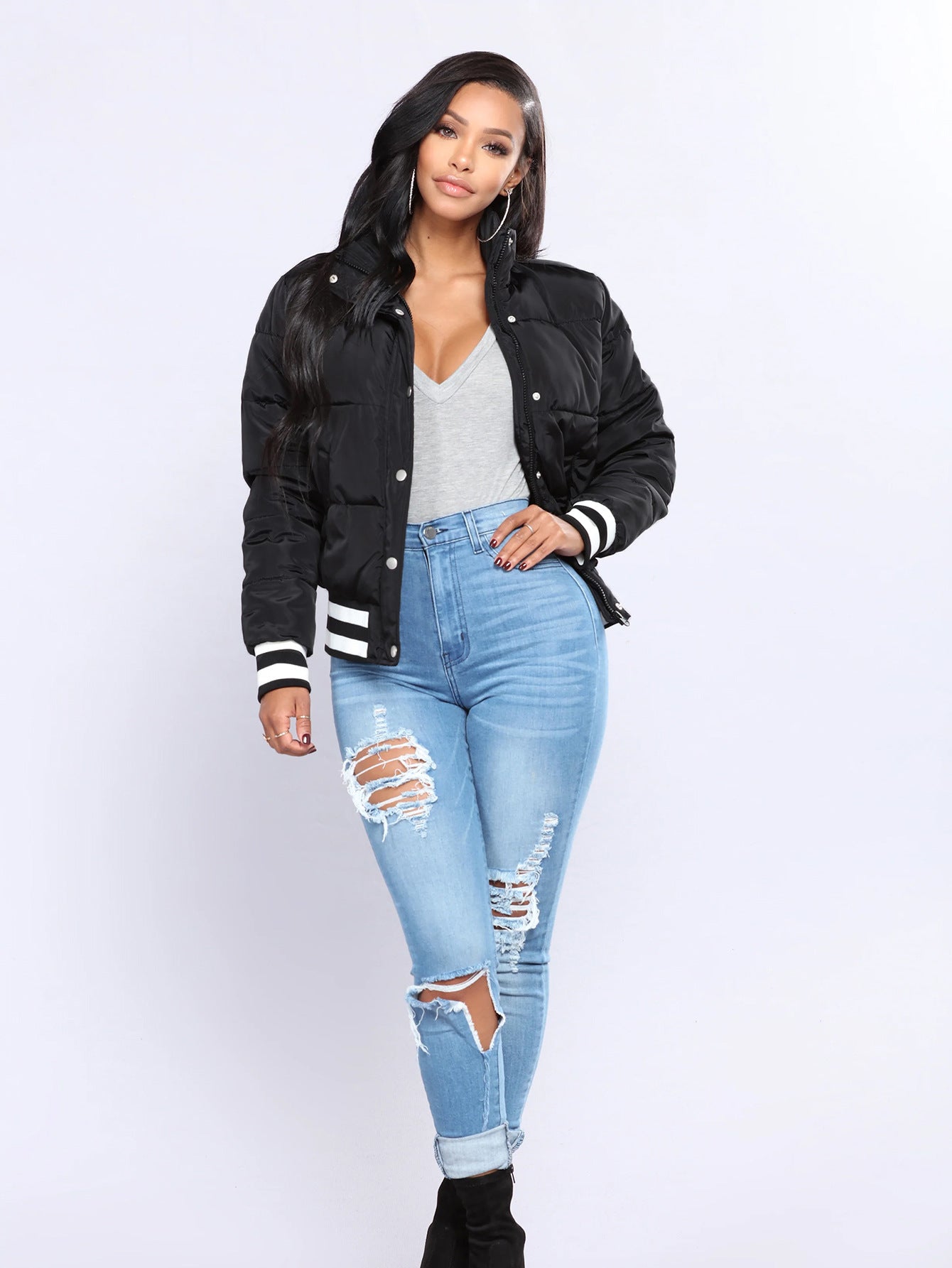 S391426 Autumn and Winter Popular Women's Warm Cotton Clothing European and American Women's Threaded Stripesd Hidden Button Cotton Jacket Jacket