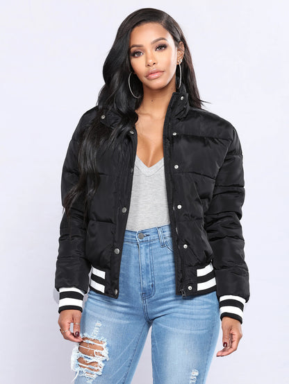 S391426 Autumn and Winter Popular Women's Warm Cotton Clothing European and American Women's Threaded Stripesd Hidden Button Cotton Jacket Jacket