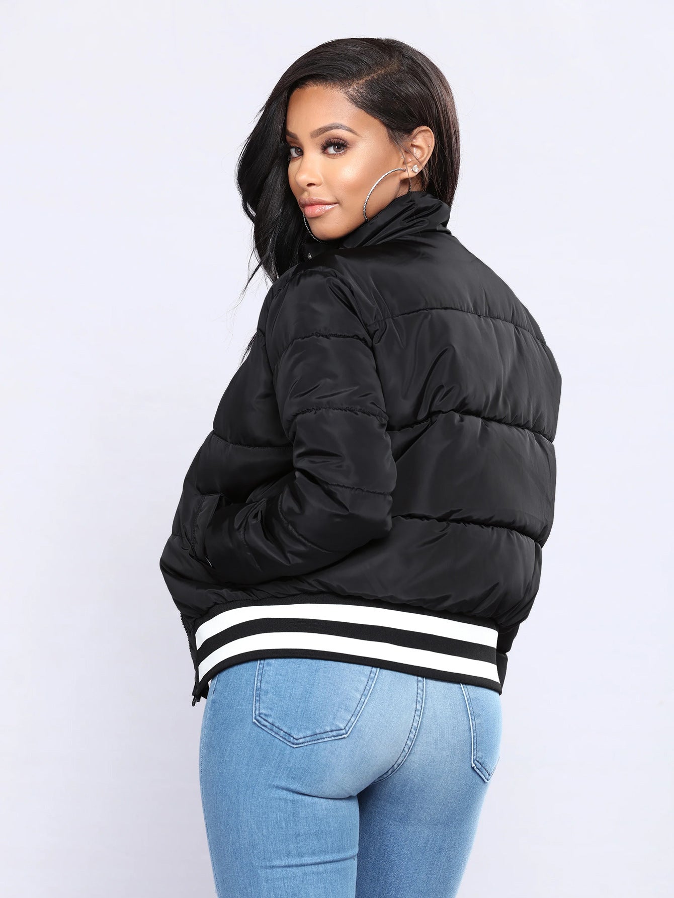 S391426 Autumn and Winter Popular Women's Warm Cotton Clothing European and American Women's Threaded Stripesd Hidden Button Cotton Jacket Jacket